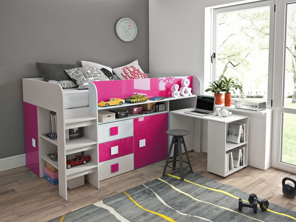 Veneti Detská posteľ s písacím stolom a úložným priestorom Sisi - biela/ružová